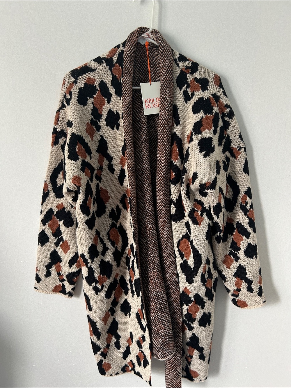 KNOX ROSE Leopard Print Sweater Open Front Coatigan - Cream, Black & Brown NWT